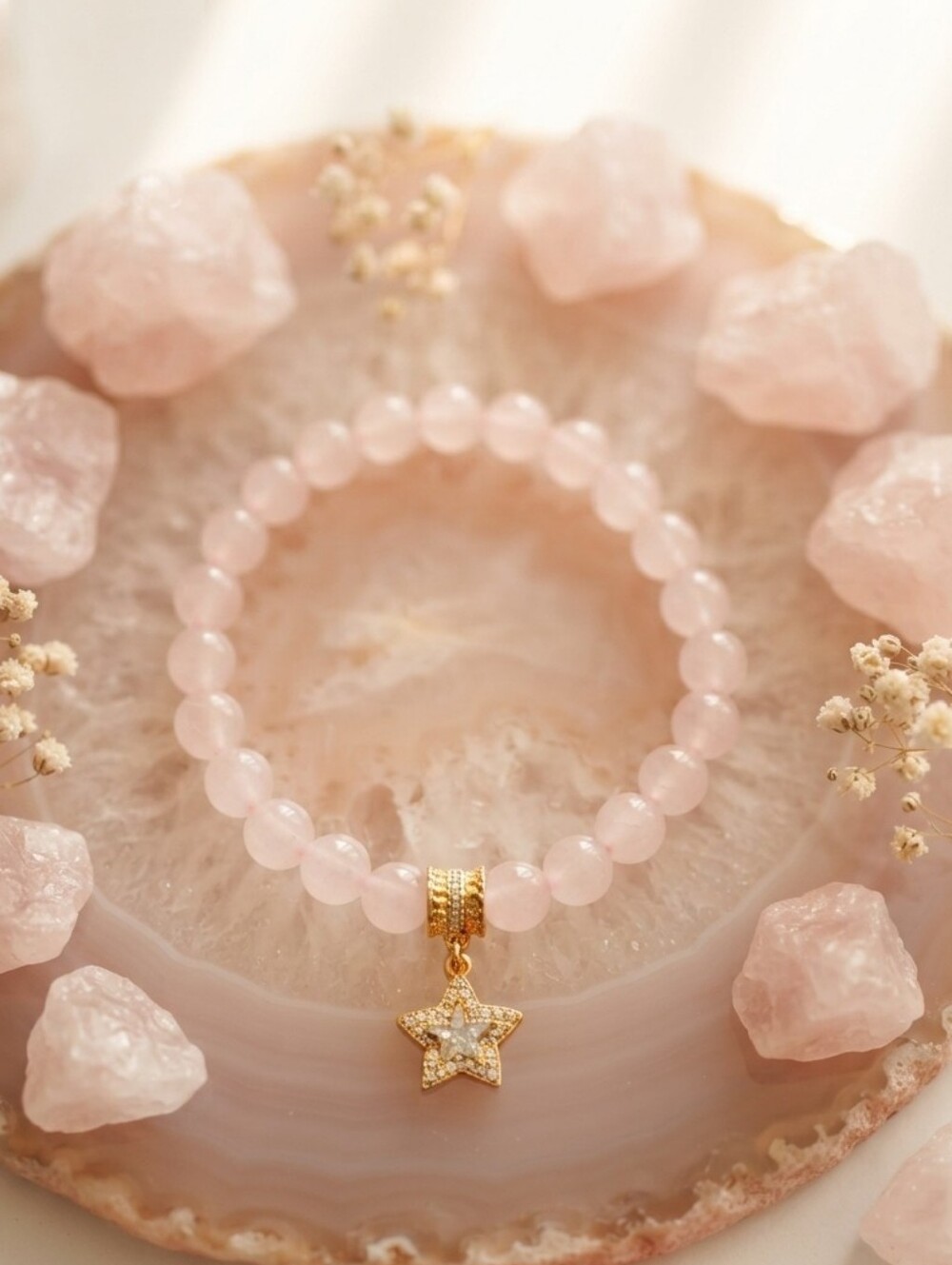 Rose Quartz Bracelet With Cubic Zirconia Charm